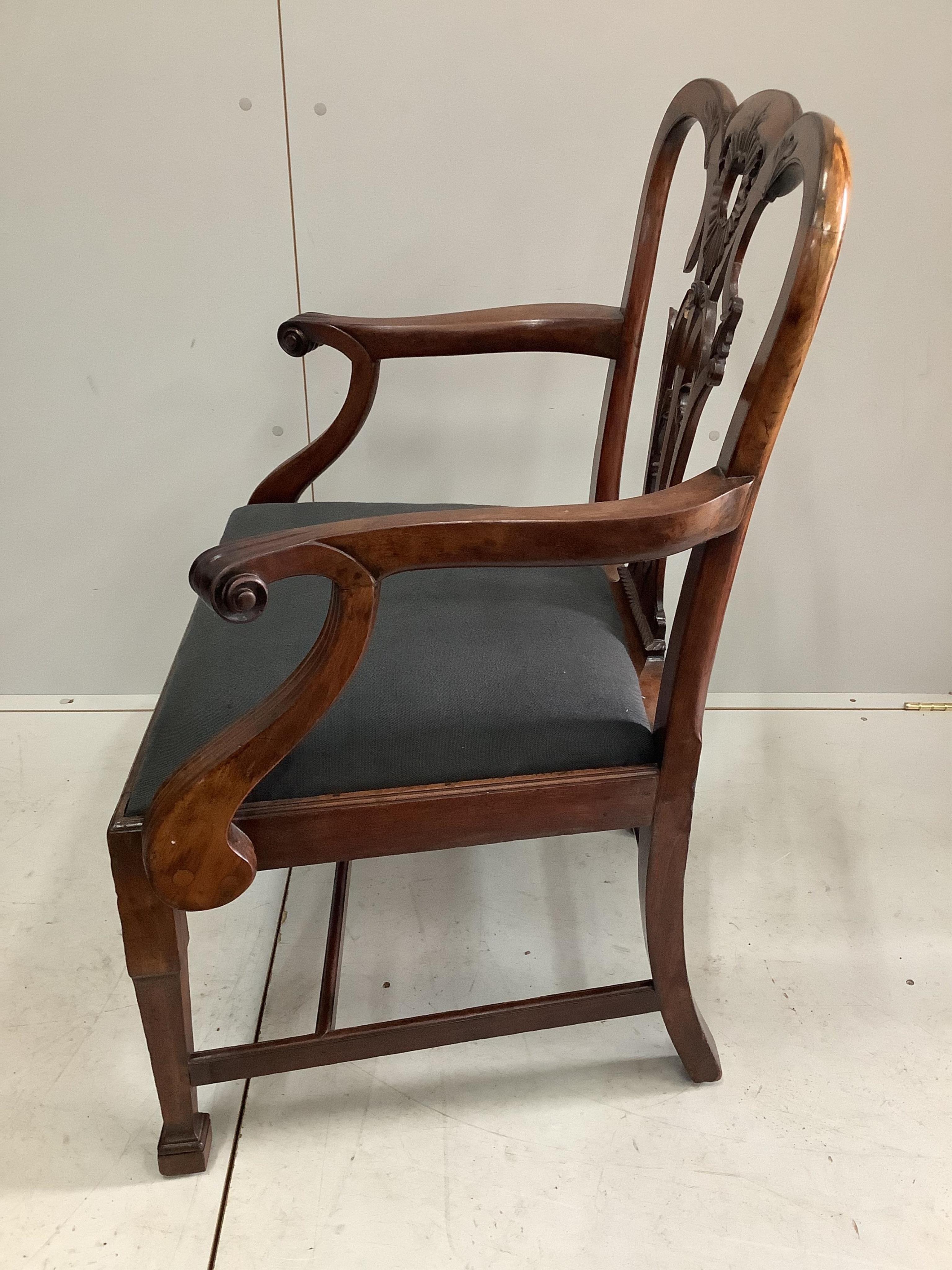 A George III mahogany elbow chair, width 71cm, depth 50cm, height 96cm. Condition - poor. , Provenance: Patrick Sandberg, Kensington and then Bonhams